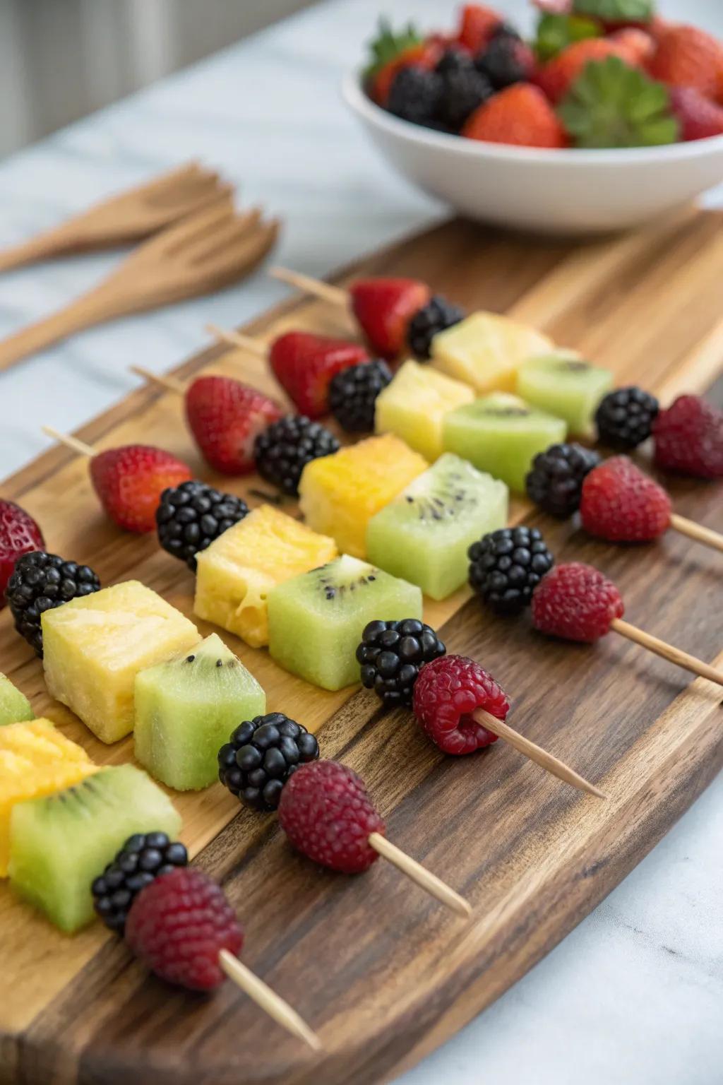 Colorful skewered fruits perfect for a bee-inspired celebration.