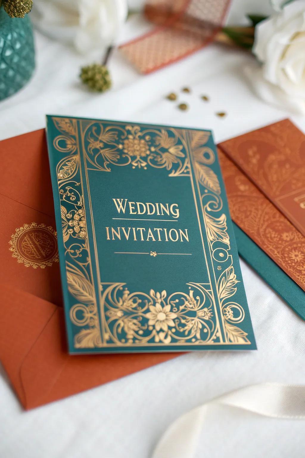 A wedding invitation reflecting a seafoam green and sunset orange palette.