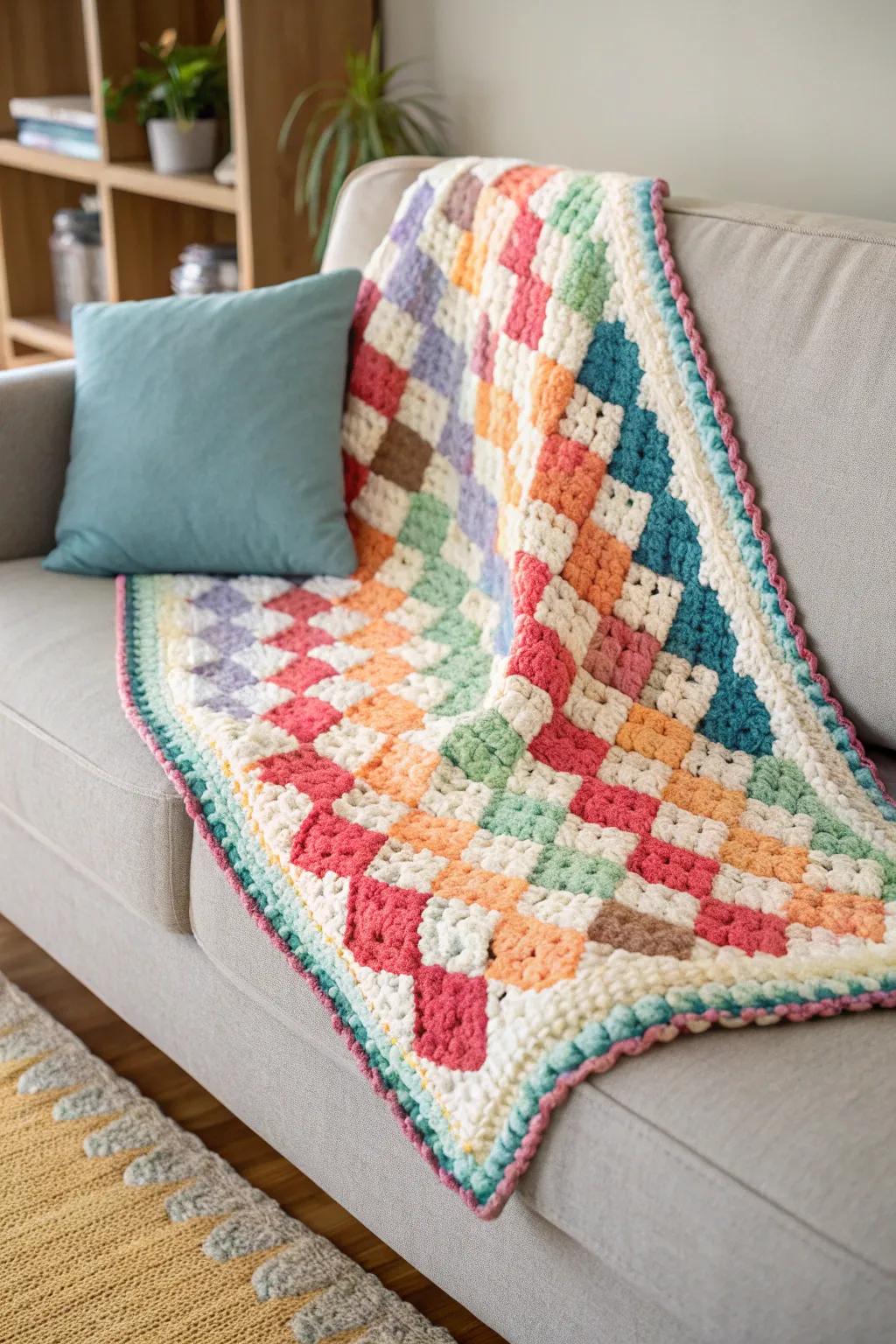 The texture in this modern living space is enhanced with a border that uses both solid and multi-colored yarns.