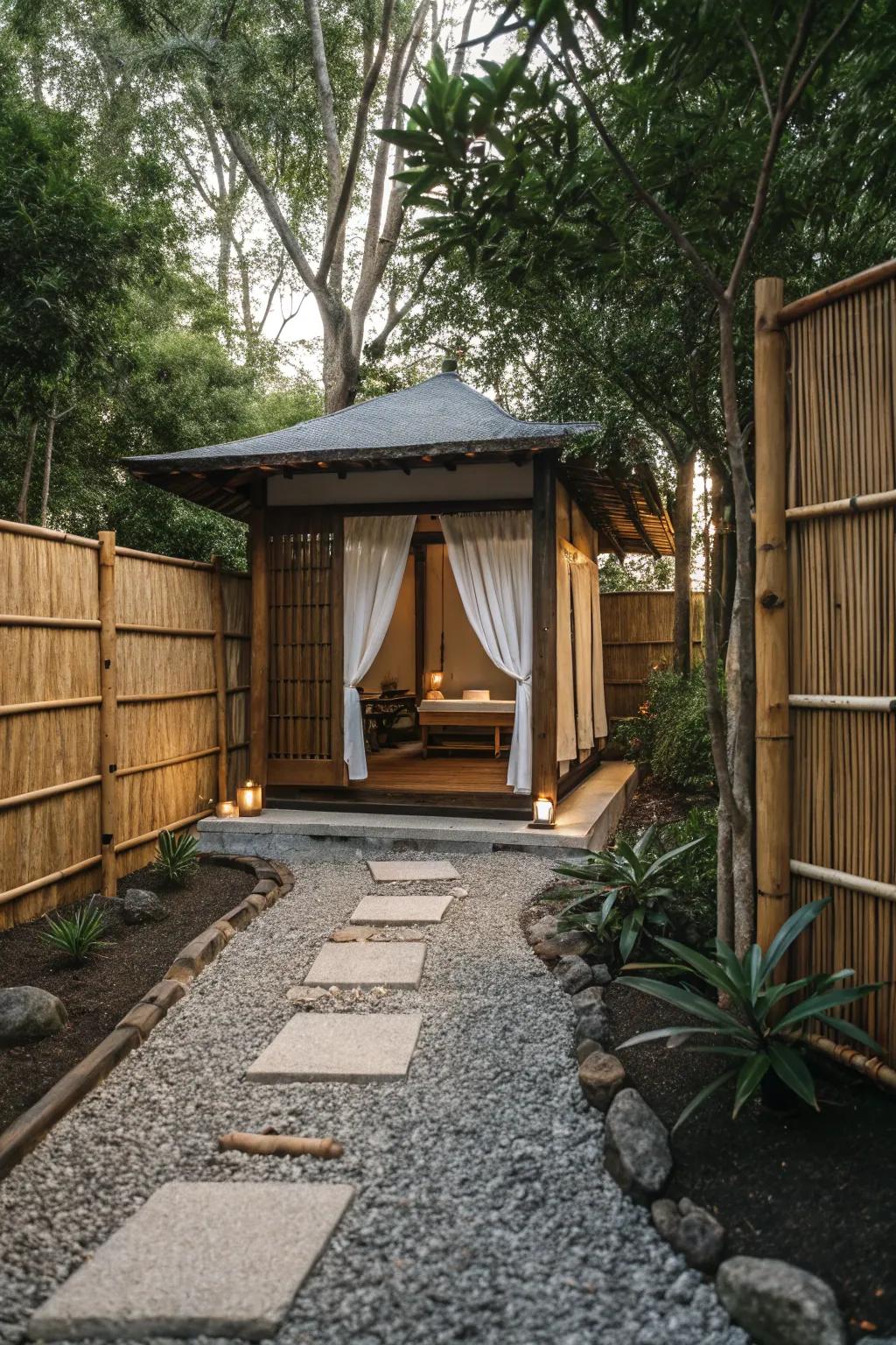 A zen sanctuary cabana, showcasing calming Japanese-inspired decor.