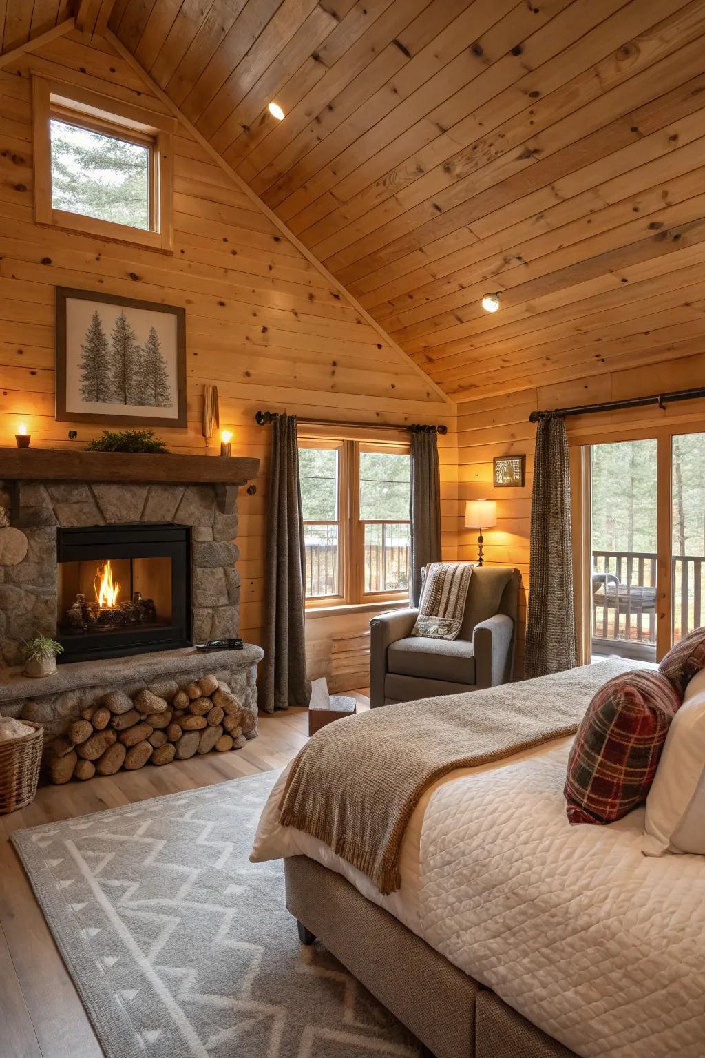 A charming cabin bedroom featuring a fireplace complemented by a comfortable lounge space.