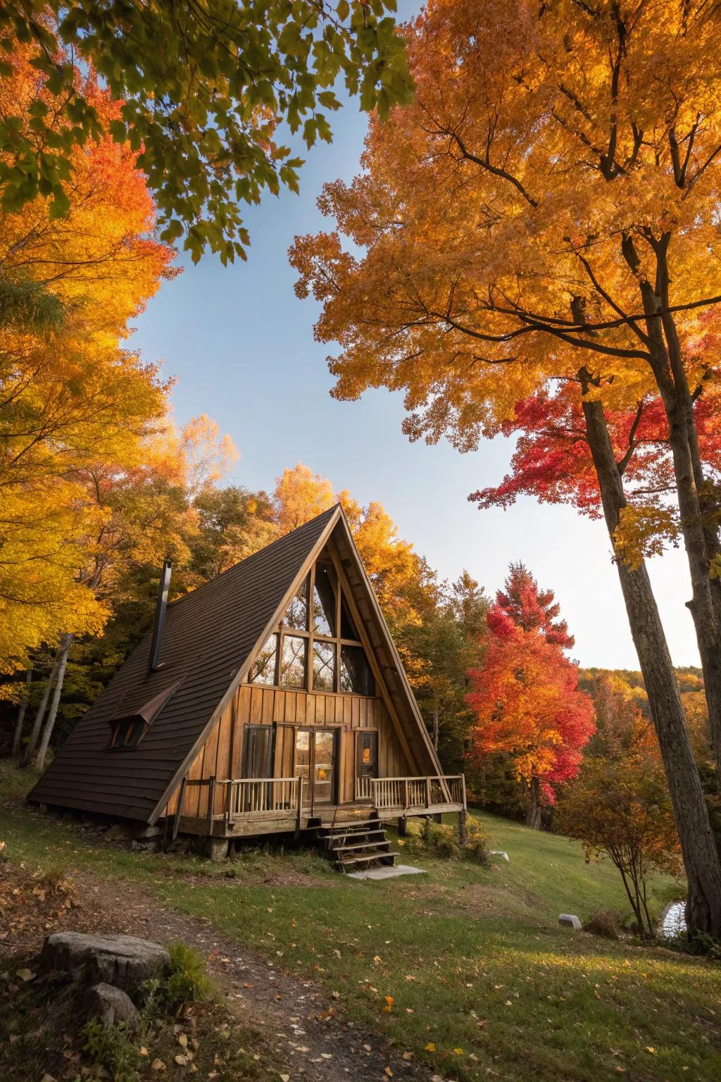 Triangular cabin surrounded by lively fall foliage