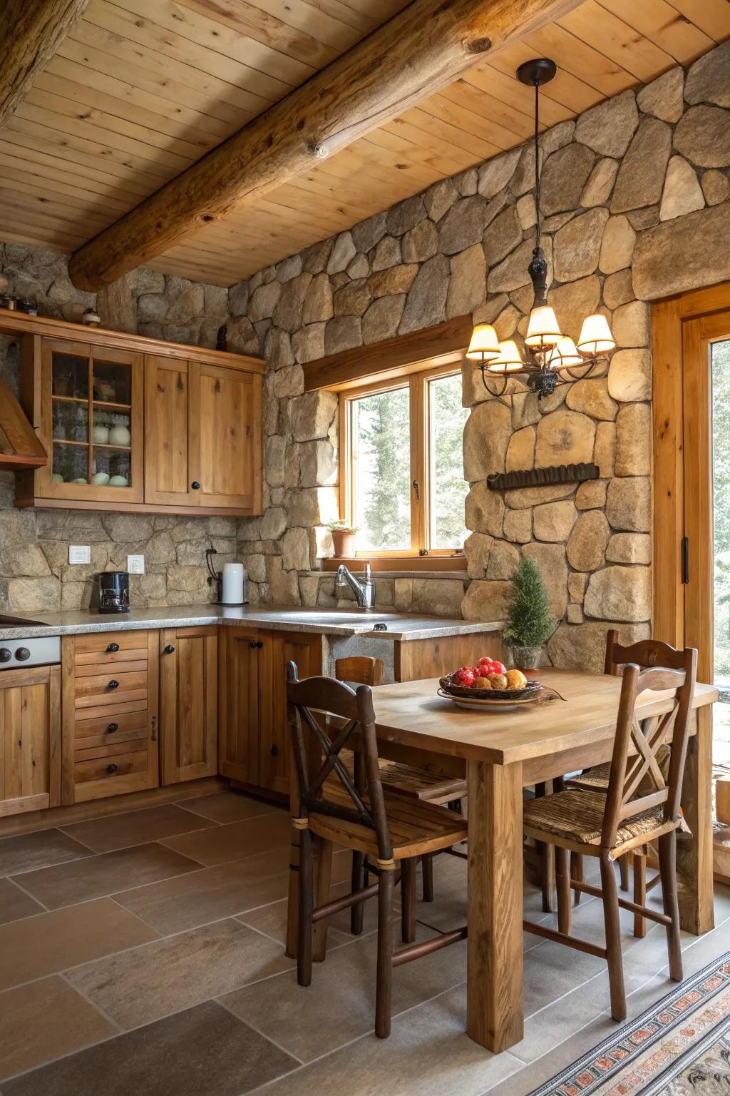 Stone accents add natural elegance to a cabin kitchen.