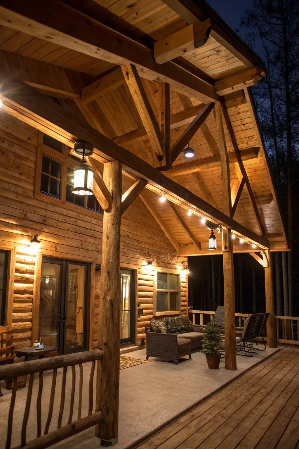 Open wooden beams are highlighted by lighting, which contributes dimension to a cabin's interior.