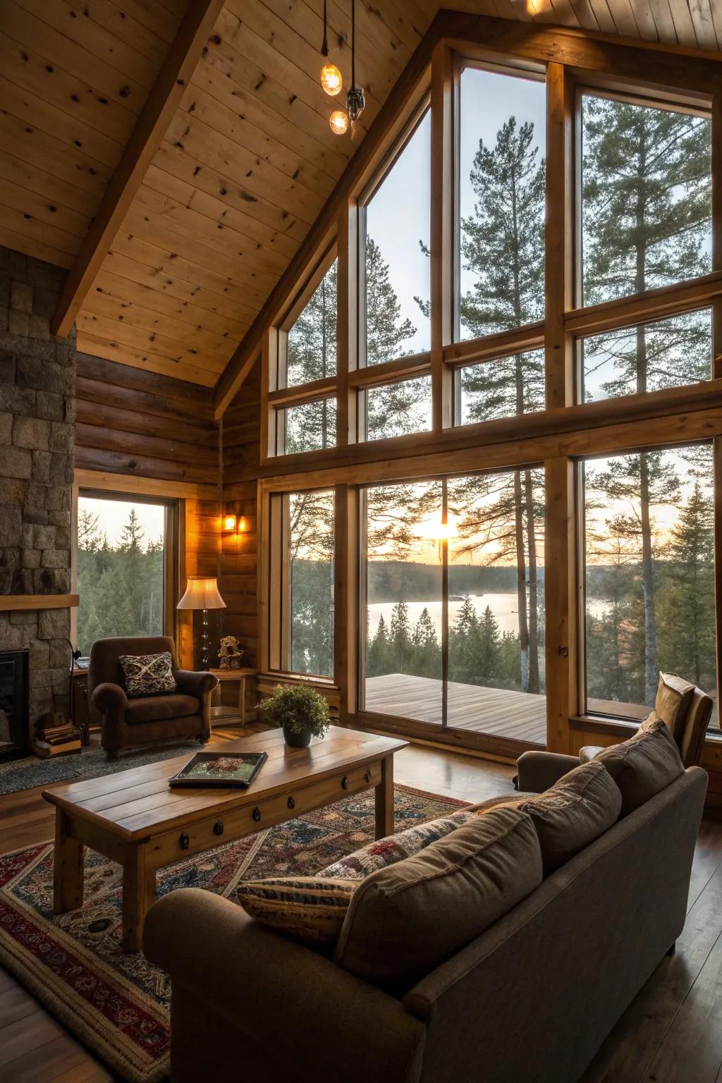 Sunshine bathes this cabin living space, accentuating its earthy appeal.
