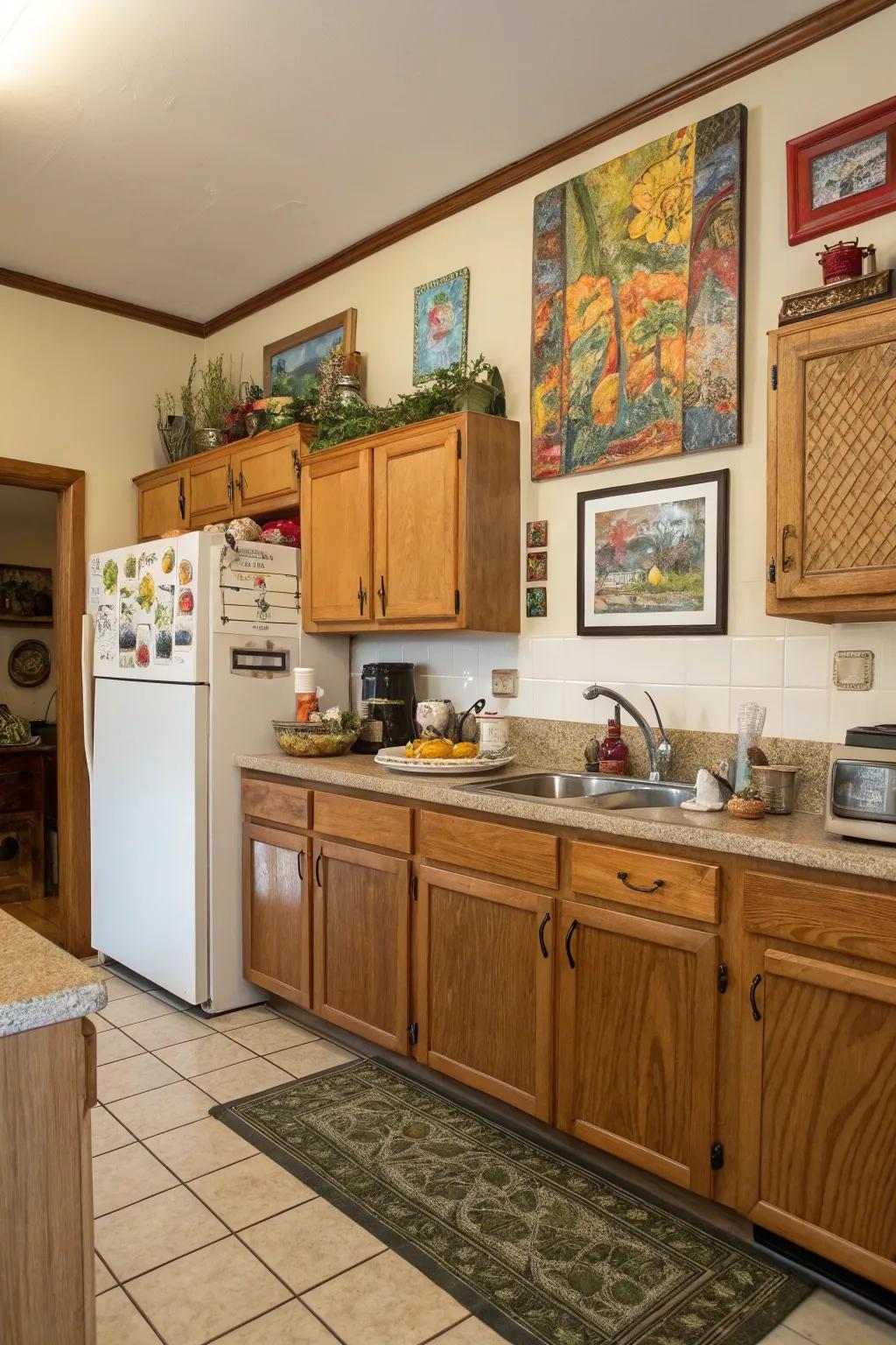 Artwork above the fridge can impart a unique, personal feel to your kitchen.