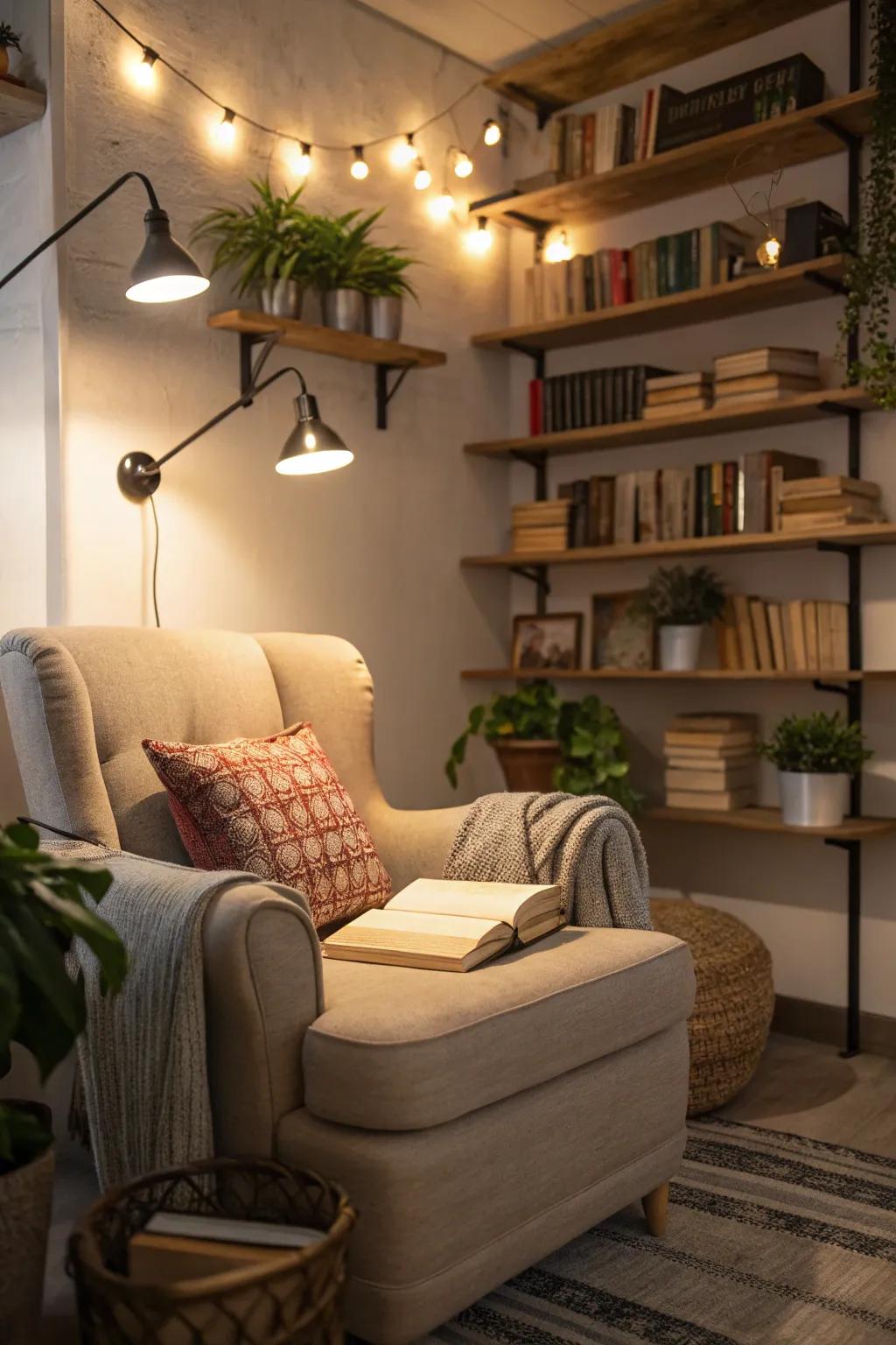 Transform any corner into a snug reading spot via cable lighting.