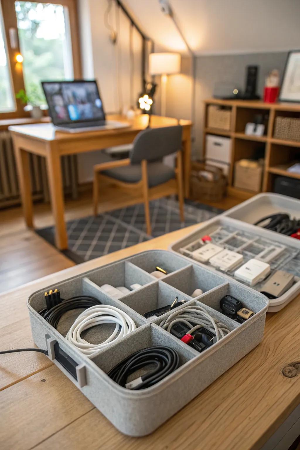 Compartmentalized storage boxes designed for cables.
