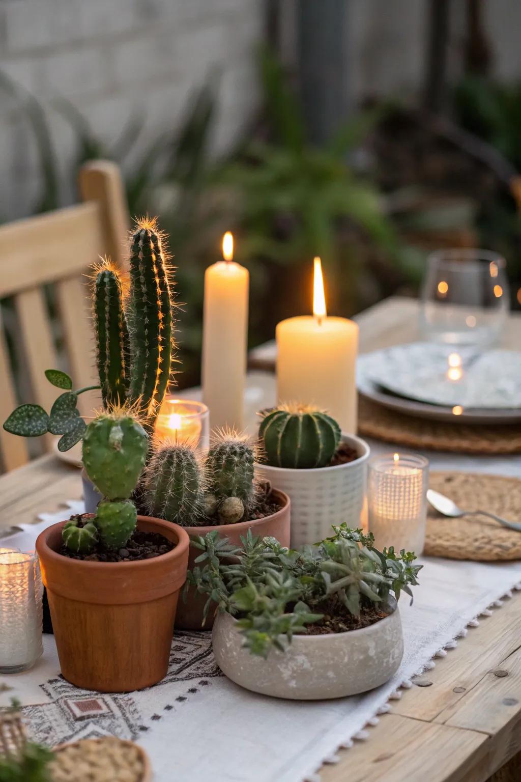 Candles paired with cacti create a romantic and warm ambiance.