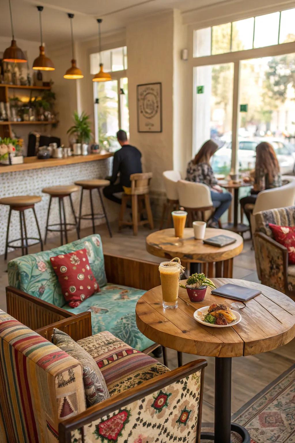 Blended seating options develop a versatile home cafe environment.
