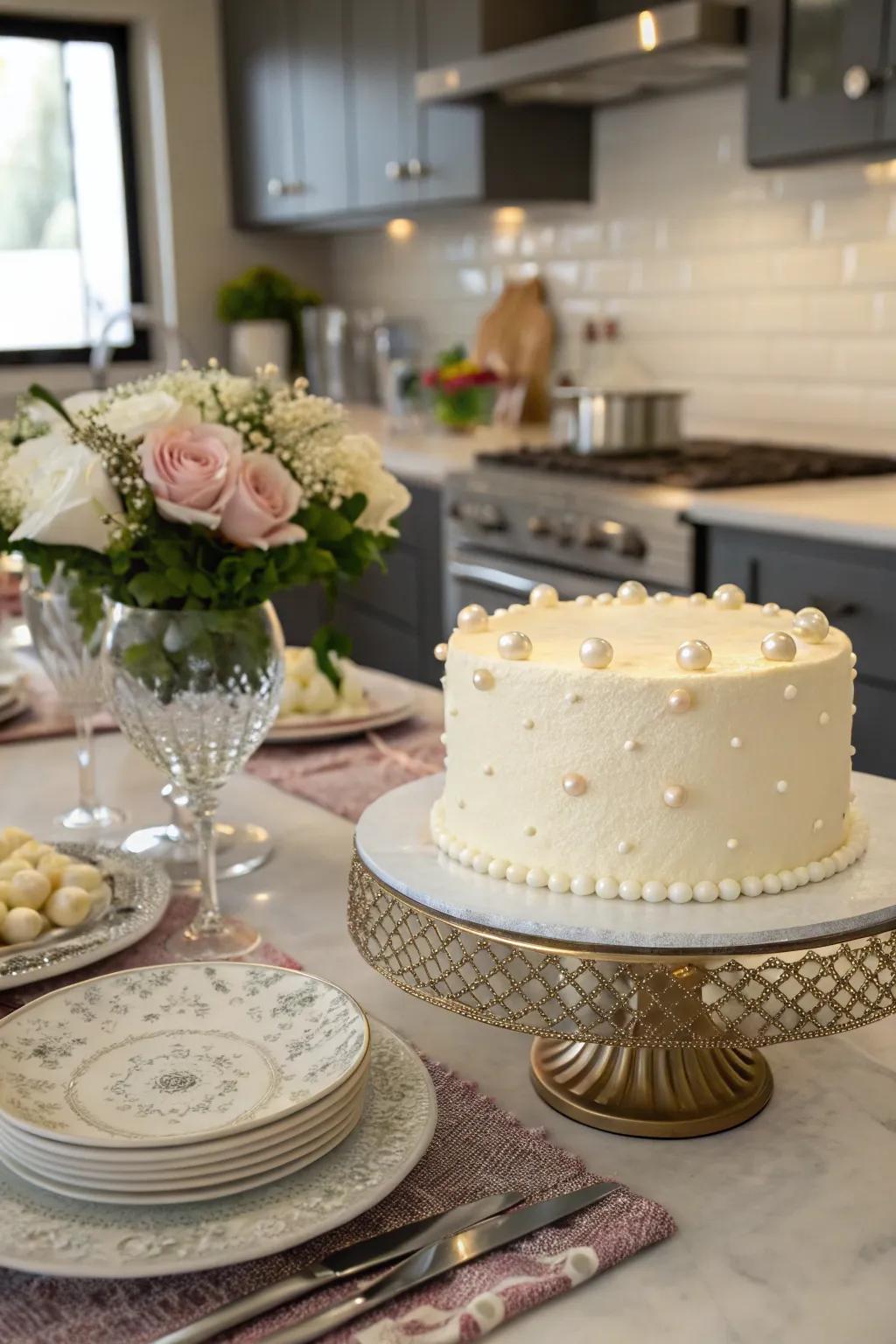 Charming shiny beads adding sparkle to a sweet cream cake