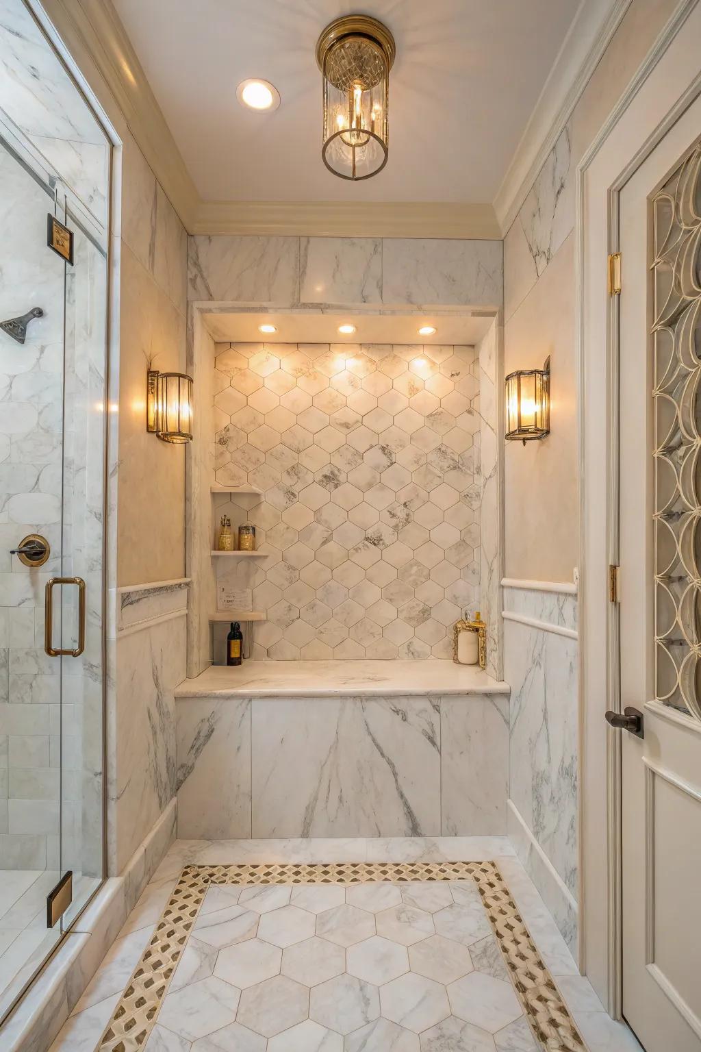A deluxe shower alcove designed with beautiful Ivory Coast marble tiles.