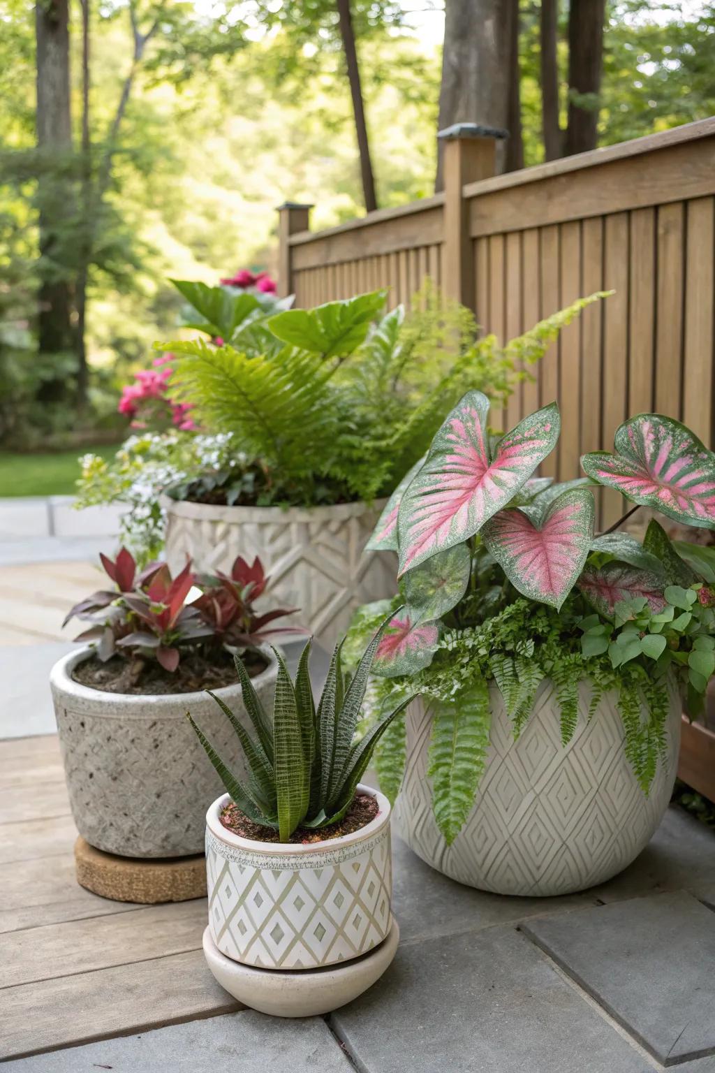 Textural comparison utilizing caladiums and other greenery generates visual fascination.