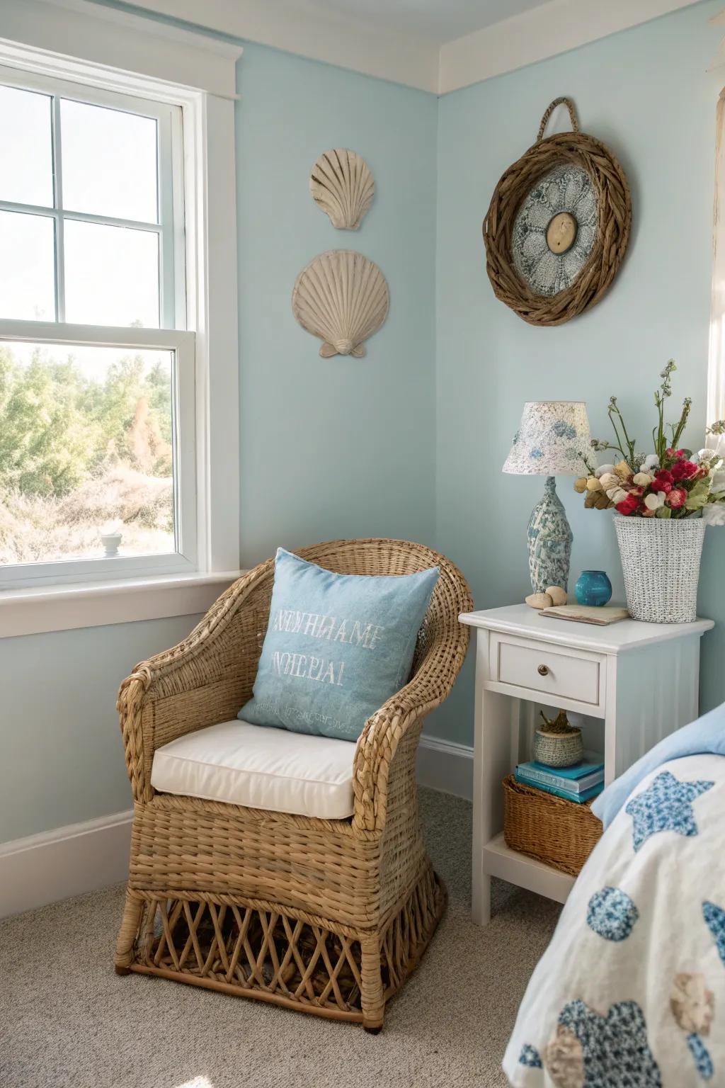 Bedroom nook featuring a wicker chair and coastal decor for a relaxed vibe.