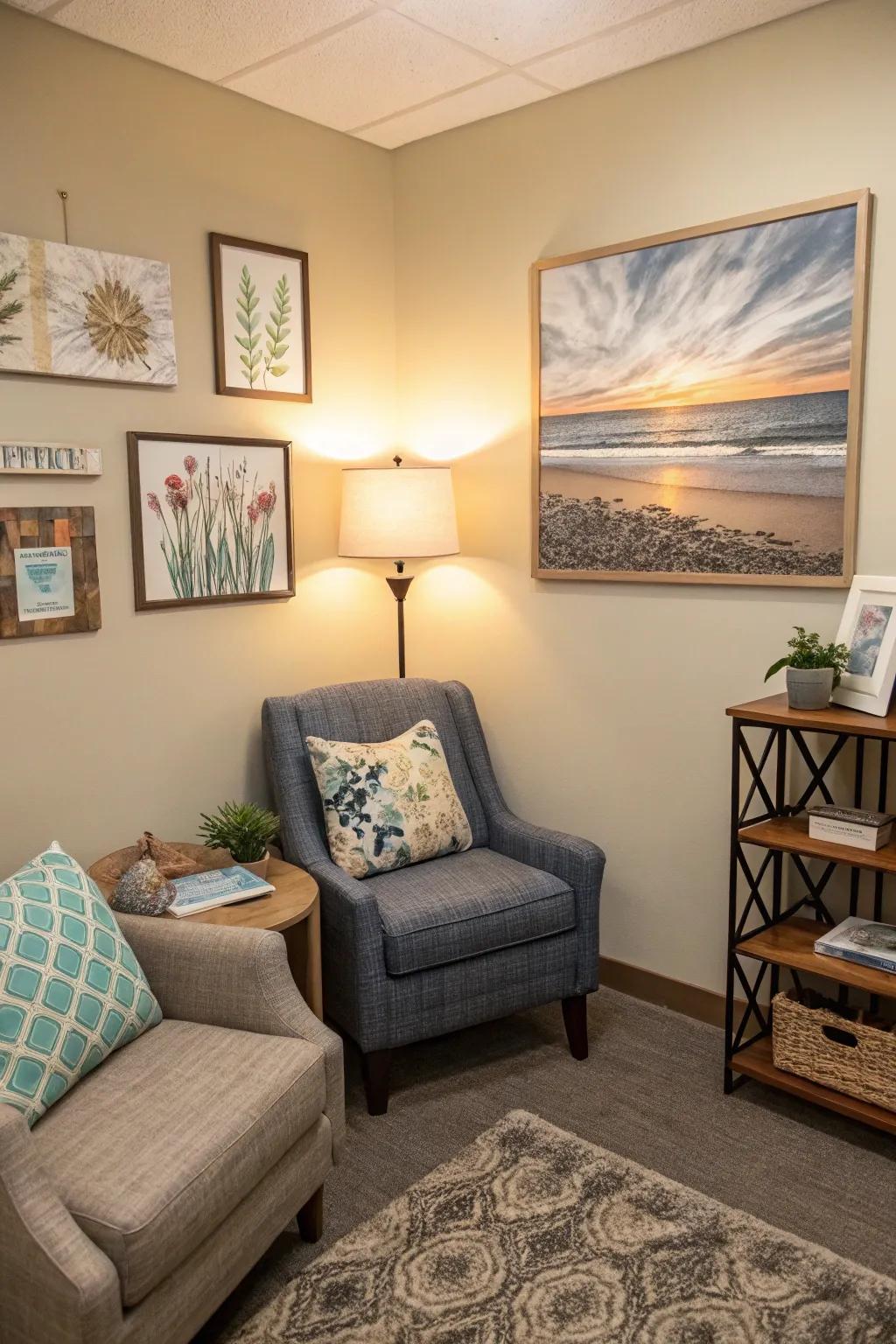 Inspiring wall decor elevates the healing environment.