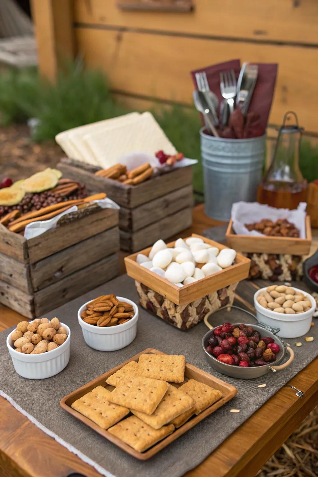 A delightful spread of camping-themed snacks.