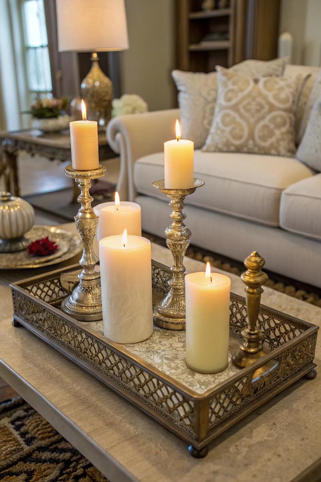 A sophisticated candle display set on an ornate platter.