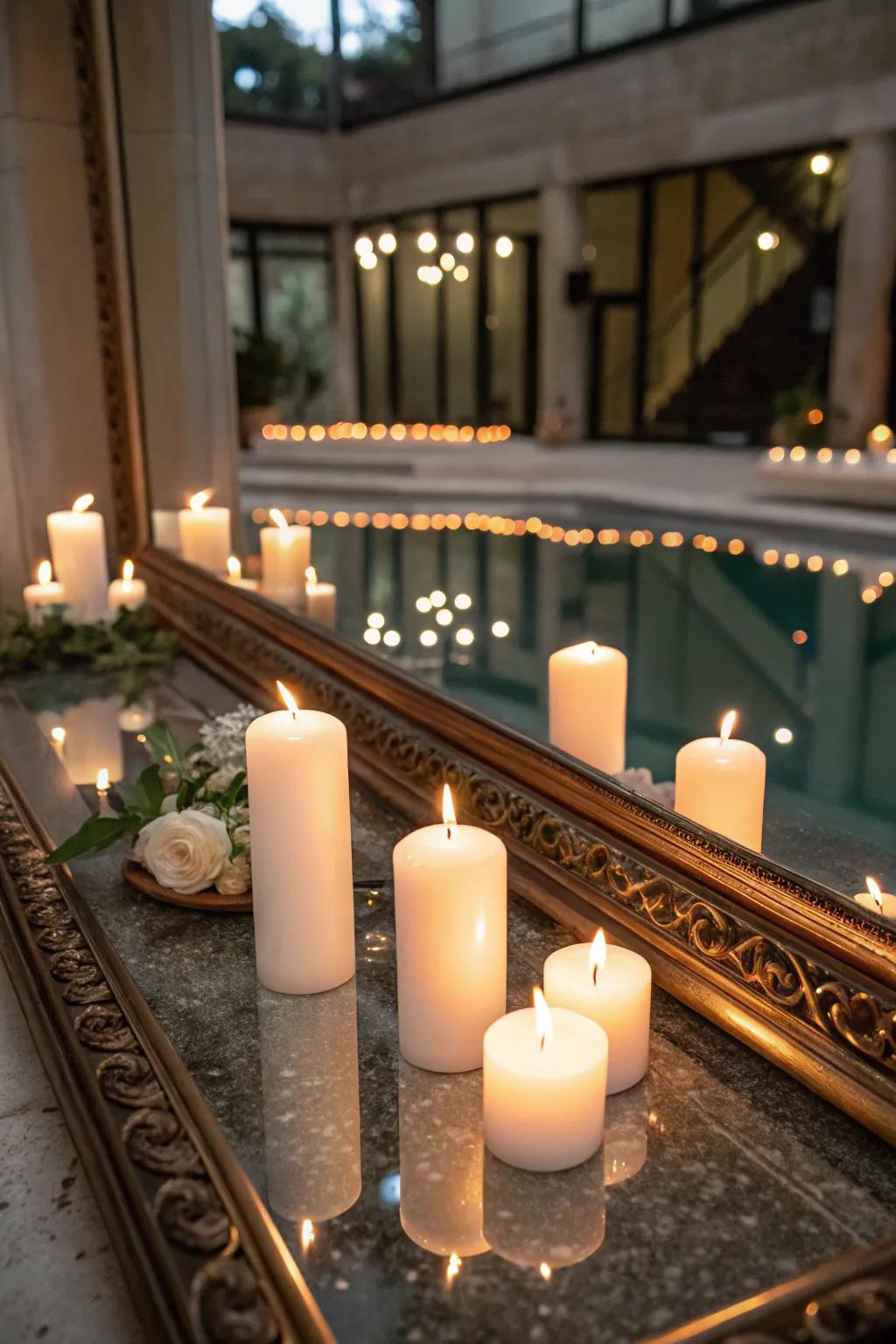 Candles placed on a reflective surface for heightened luminosity.