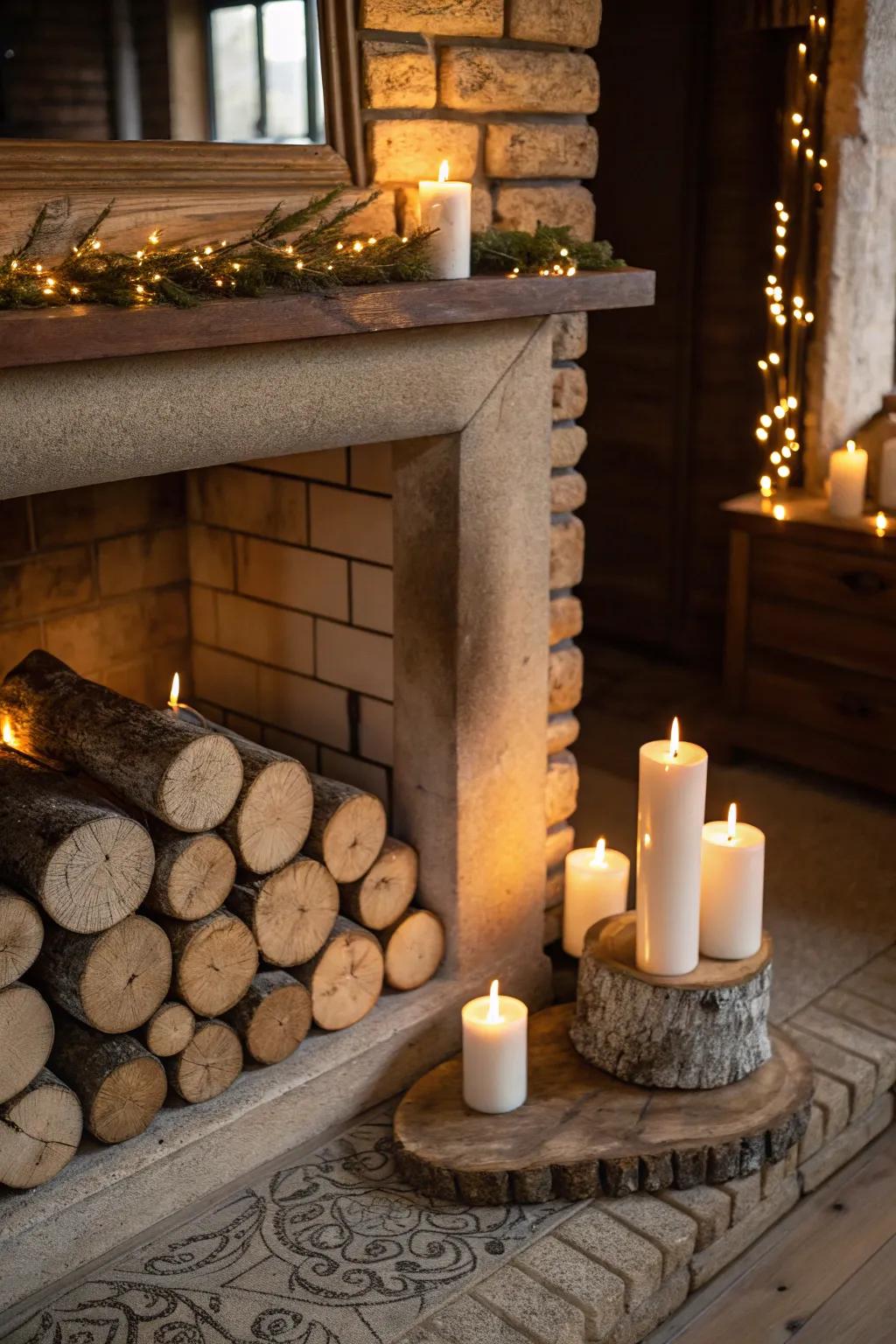 Wooden accents with candles offer a rustic, warm appeal.