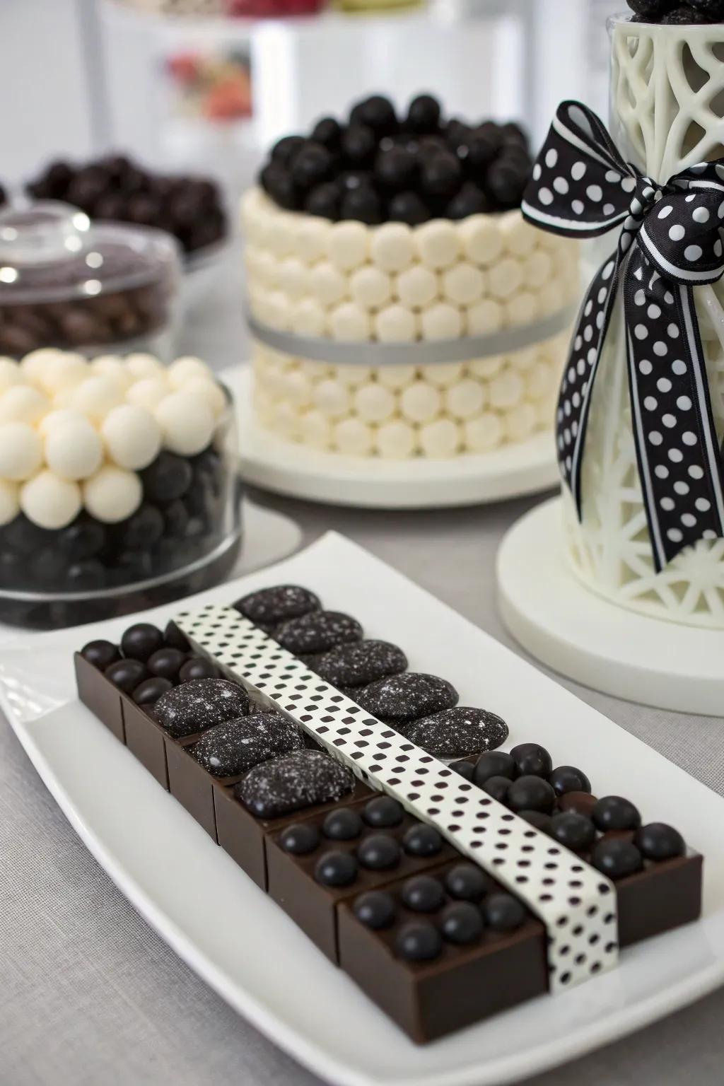 A monochrome sweets bar that radiates sophistication and flair.