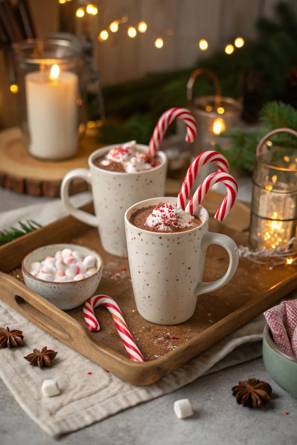 Warm up with a candy cane hot chocolate station.