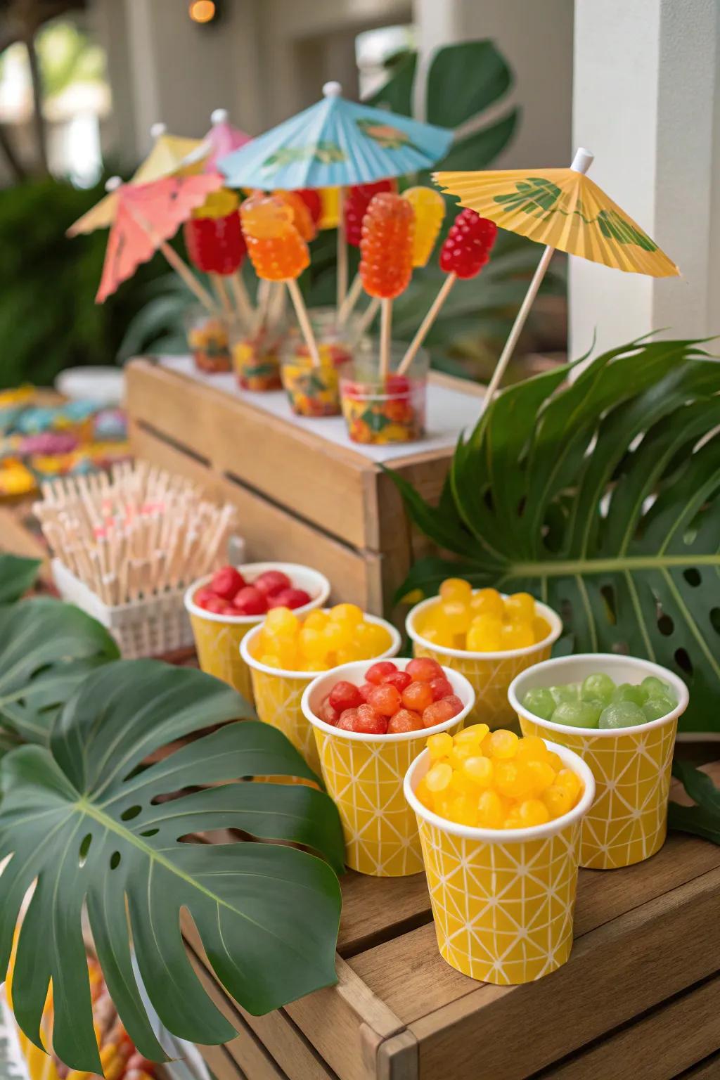 A tropical paradise candy bar bursting with vibrant colors and exotic tastes.