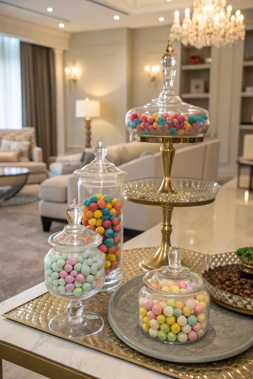 Stylish transparent vessels and stands that highlight the sweet display