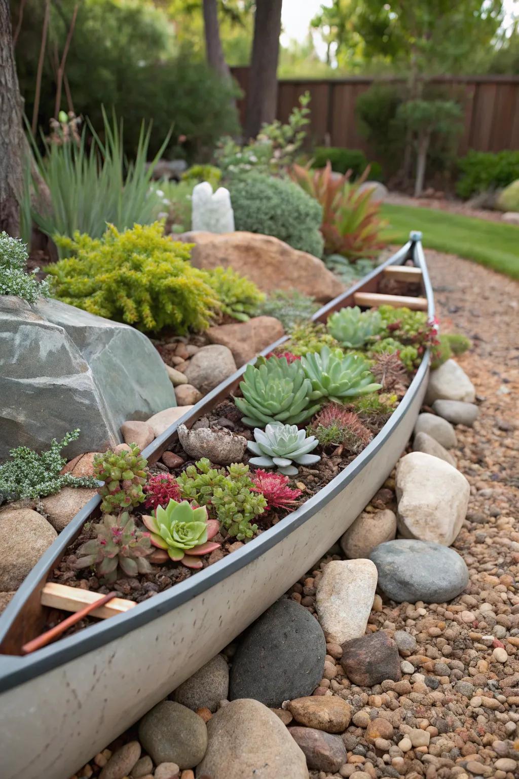 Stones and mulch offer a decorative border for a canoe planter.