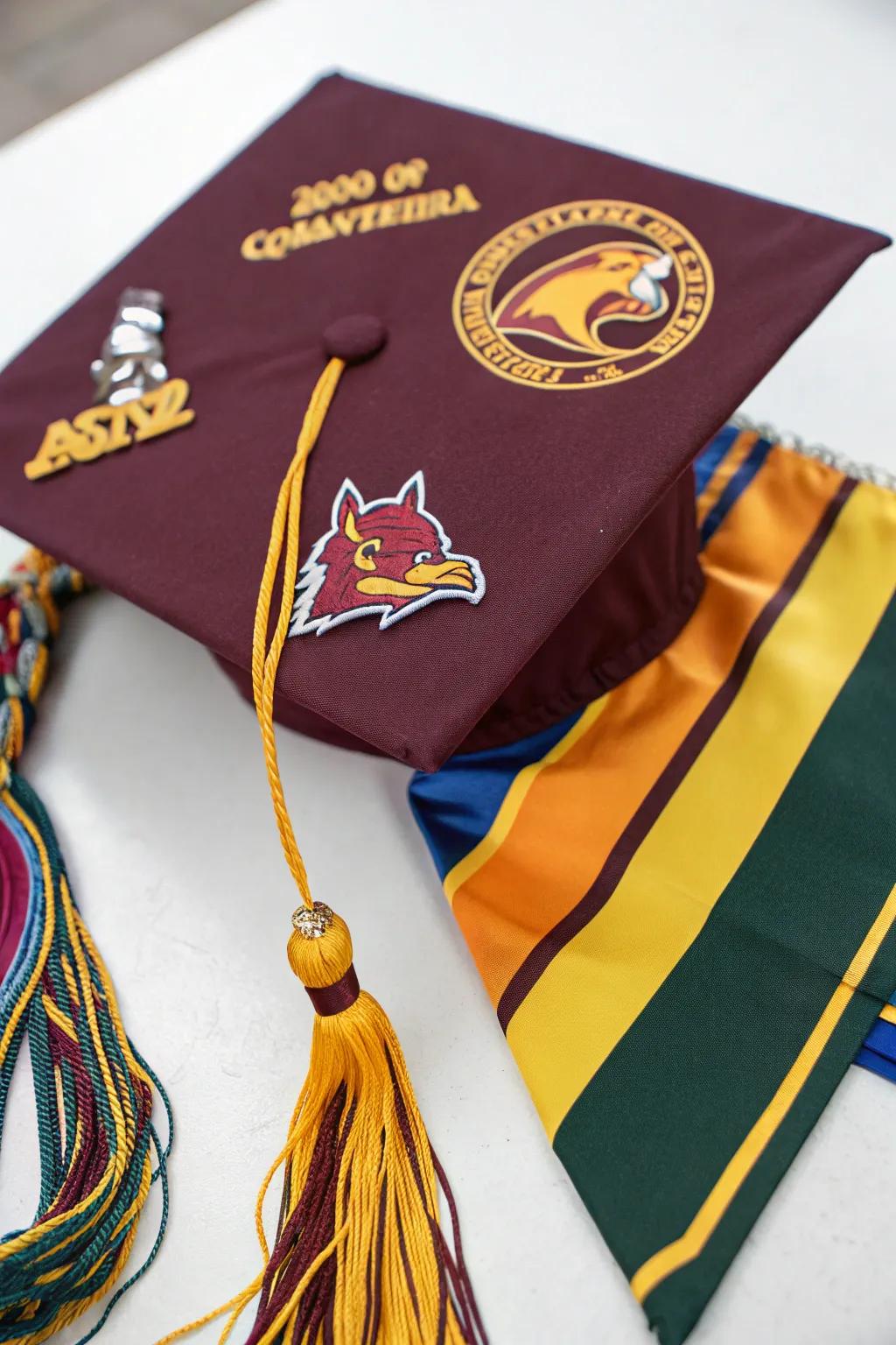 A cap displaying institution colors and character filled with pride.