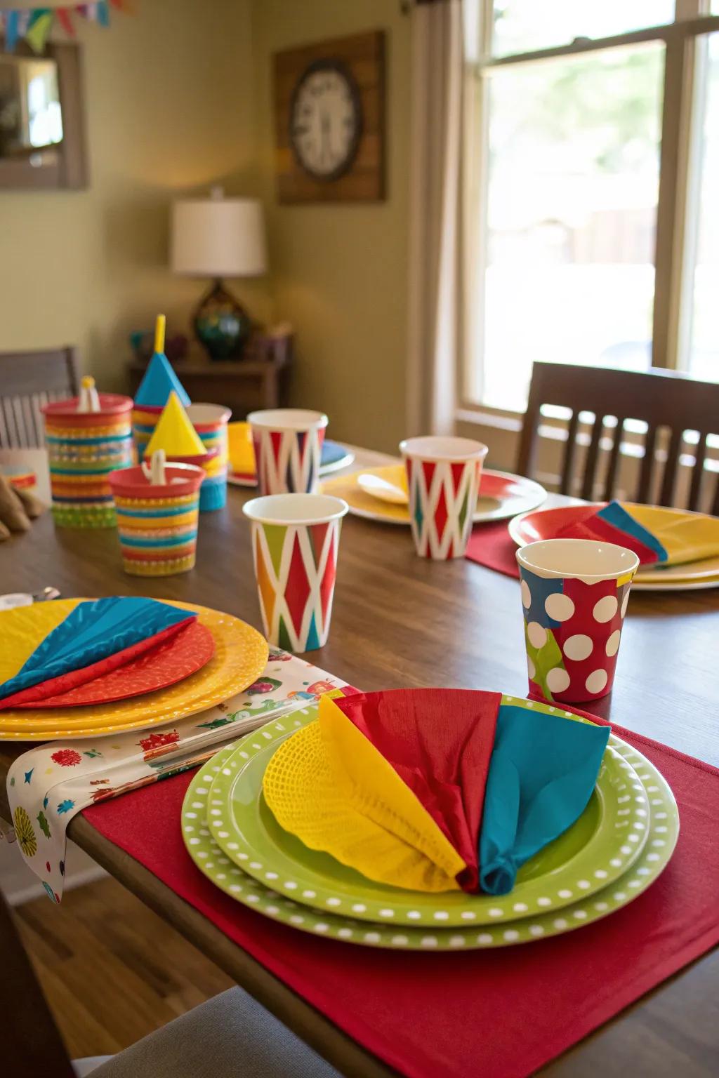 Coordinated tableware unifies your carnival decor.
