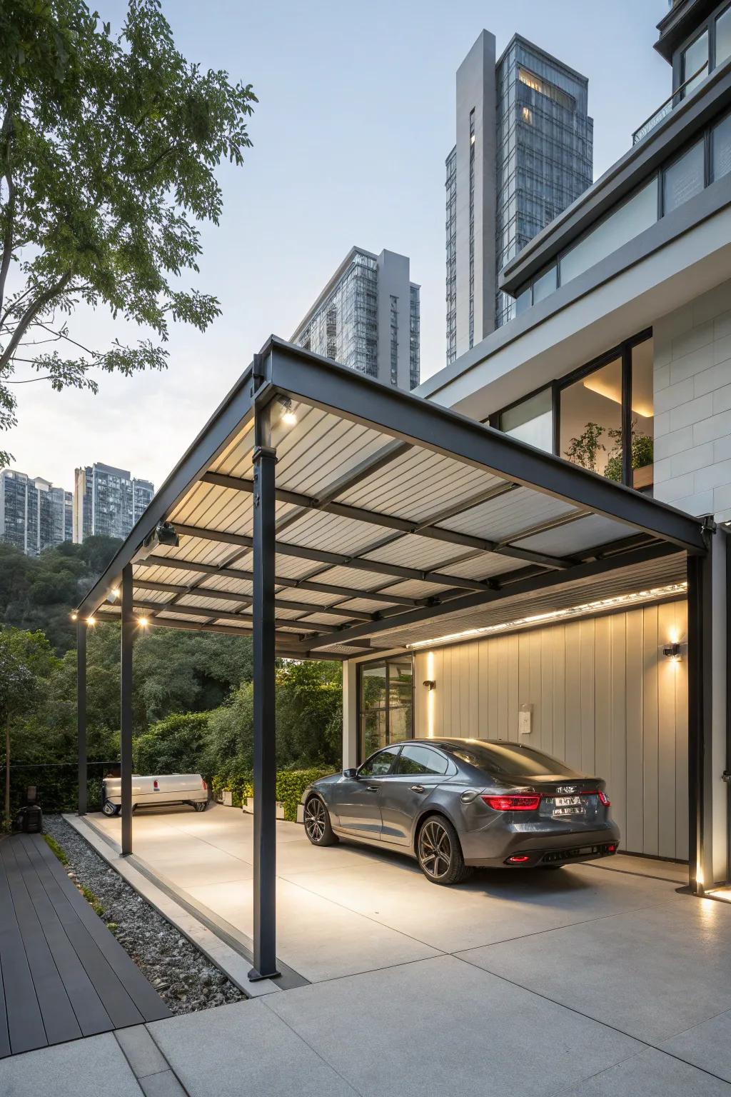 An industrial chic carport showcasing metal supports.