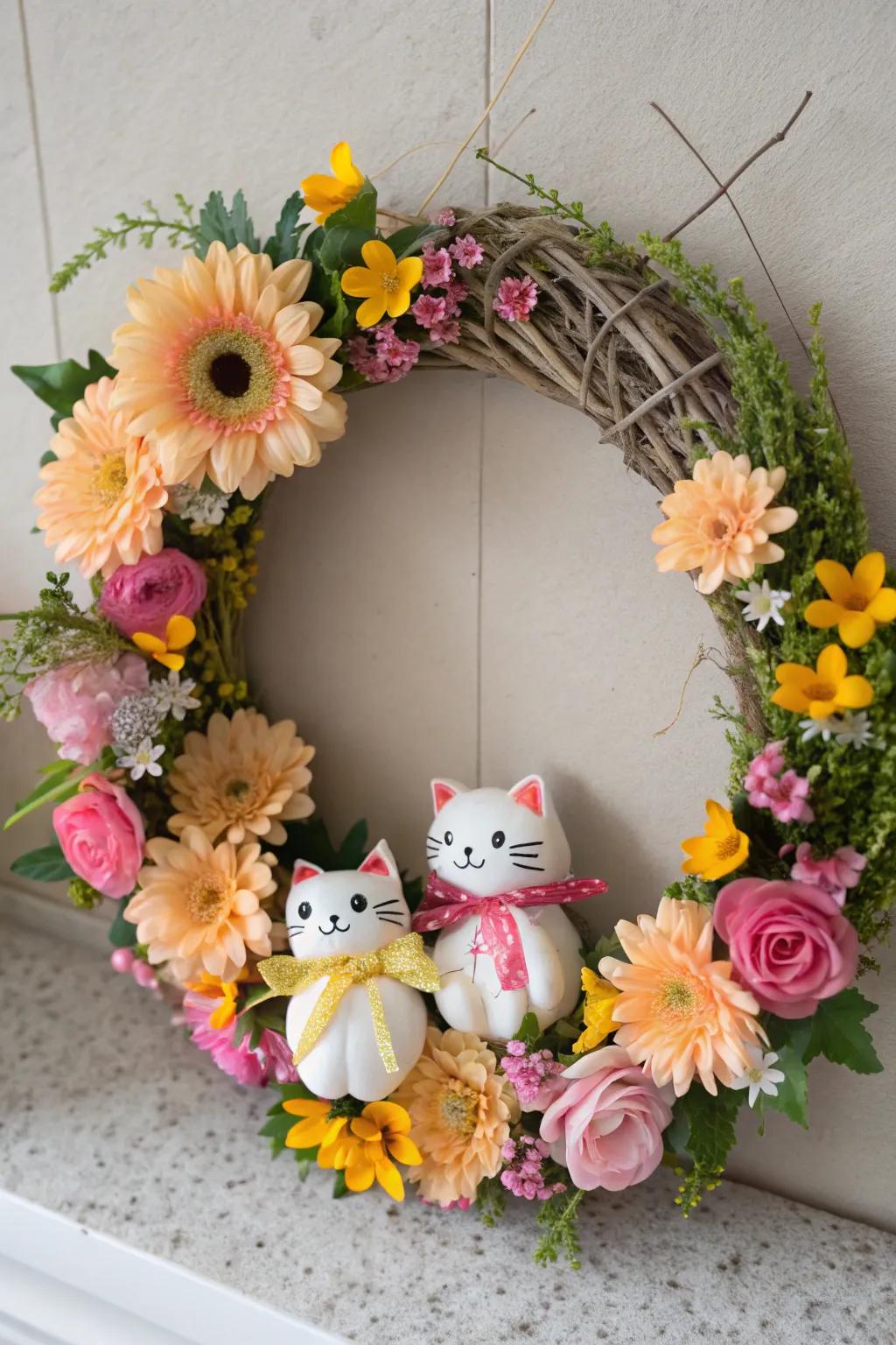 A floral kitty space wreath great for any cozy spot.