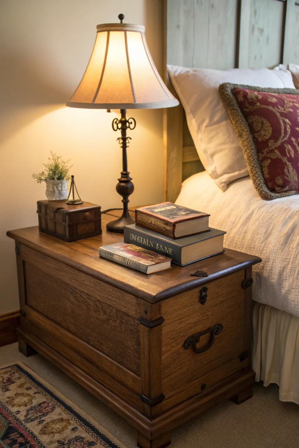 An antique storage chest introduces appeal and functionality as a bedside decor.