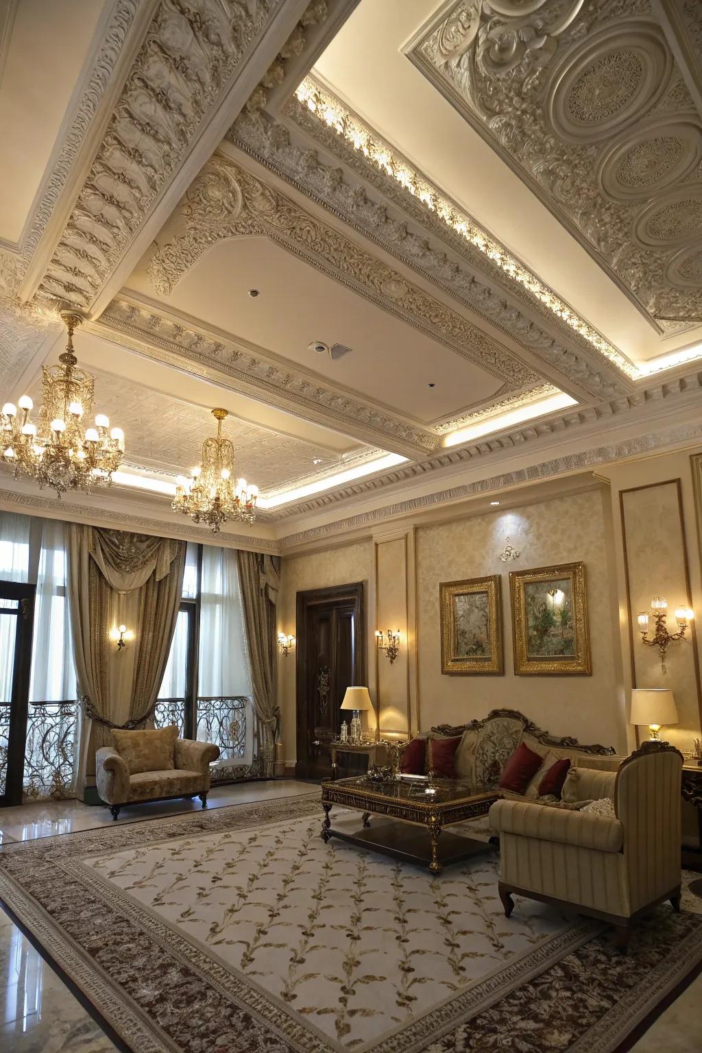 A room with ornate molding that elevates the ceiling's design.