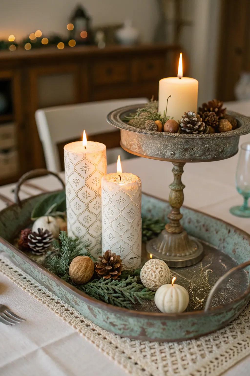 Vintage allure using a platter as a centerpiece base.
