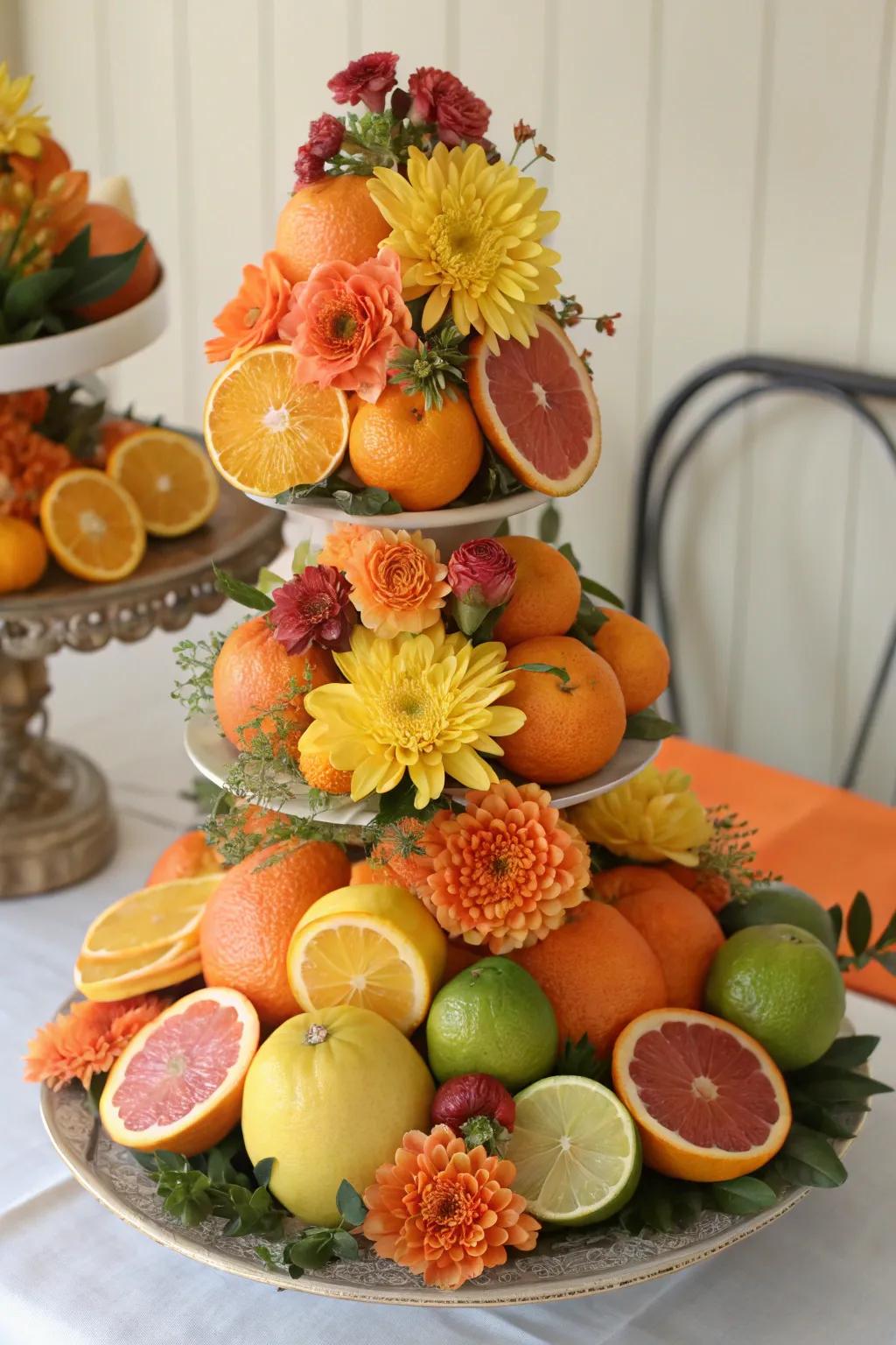 Seasonal fruit showcase centerpiece featuring citruses.