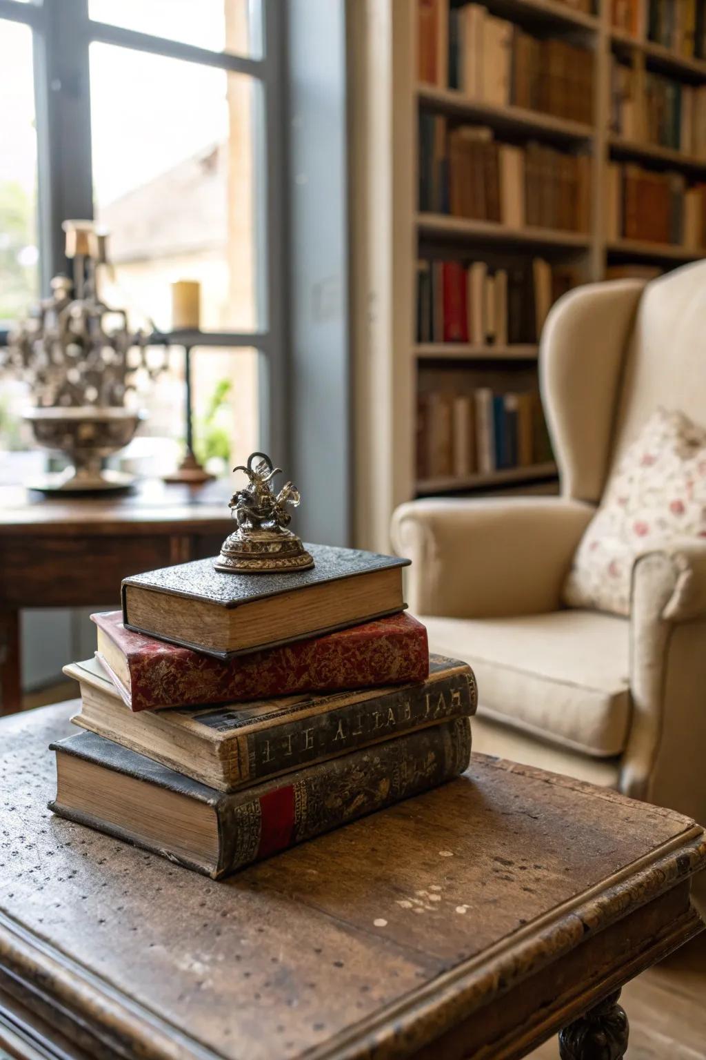 Vintage books bring character and height to your table setting.