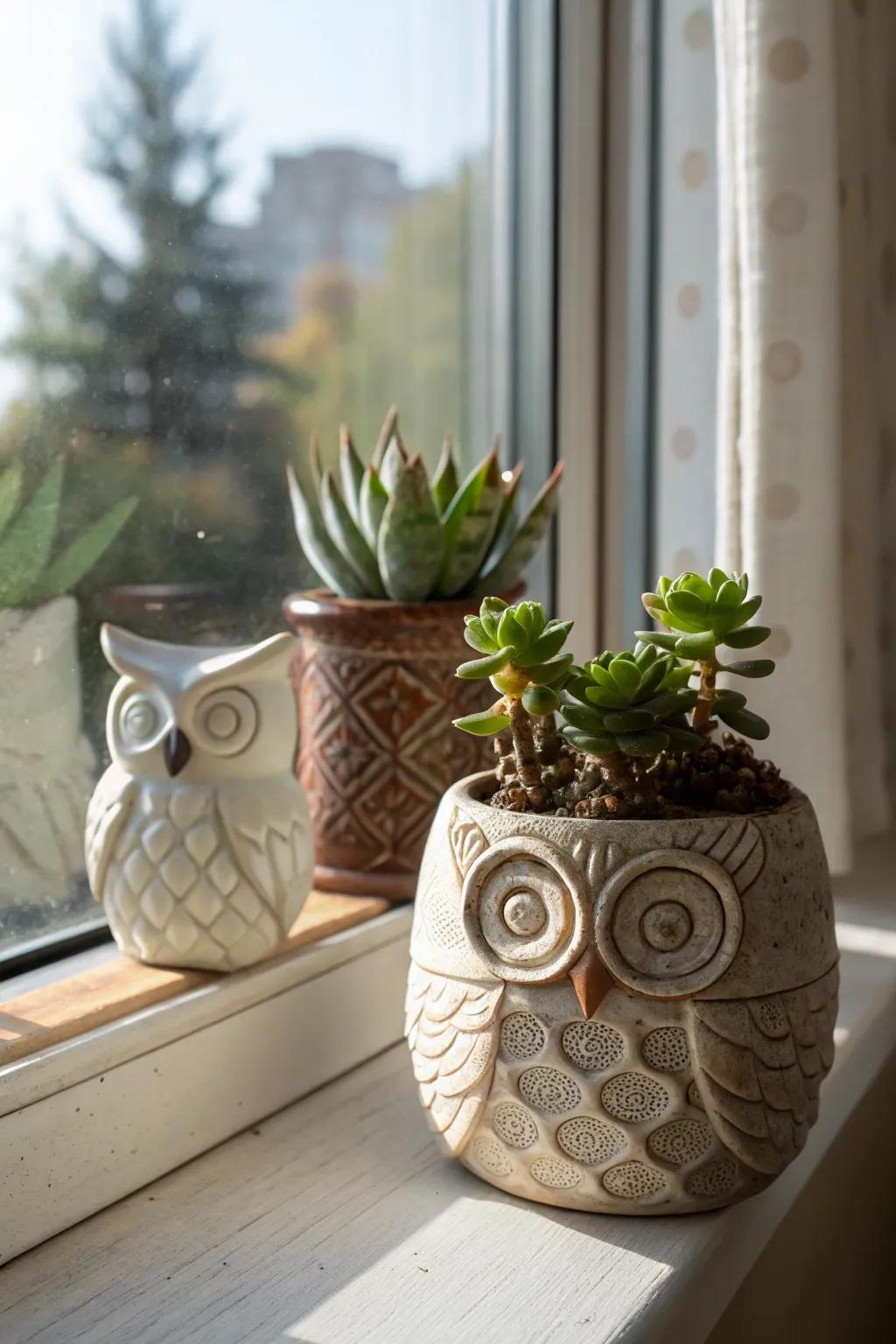 Playful owl planters give vitality to your plant arrangement.