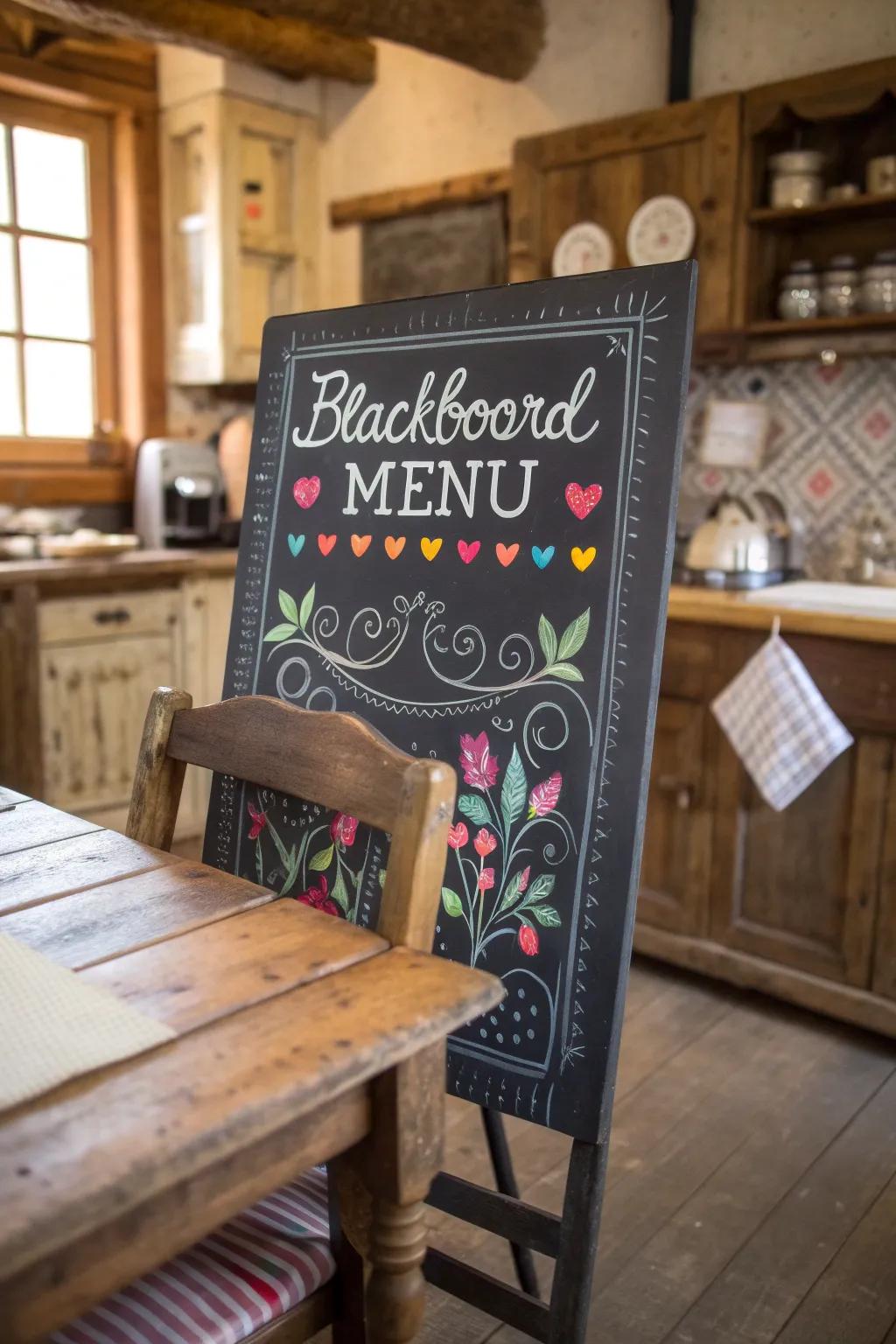A blackboard menu with splashes of color to highlight special items, adding vibrancy to a cozy kitchen.