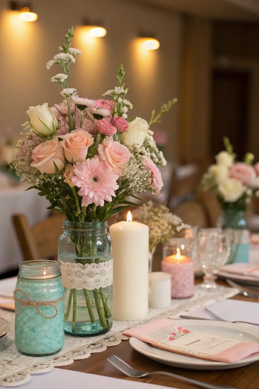 For a lovely and cost-effective touch, use mason jars.