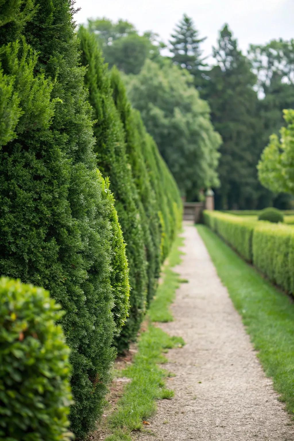 Evergreen hedges provide year-round privacy and greenery.