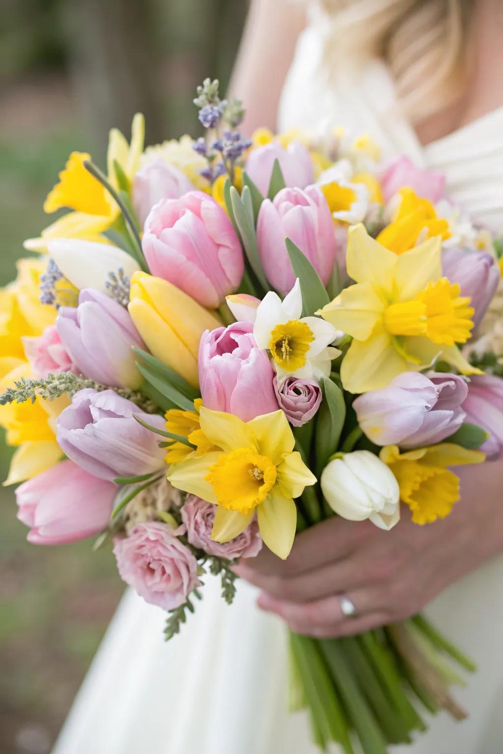 Cost-effective seasonal tulips and daffodils arranged in a spring wedding bouquet.