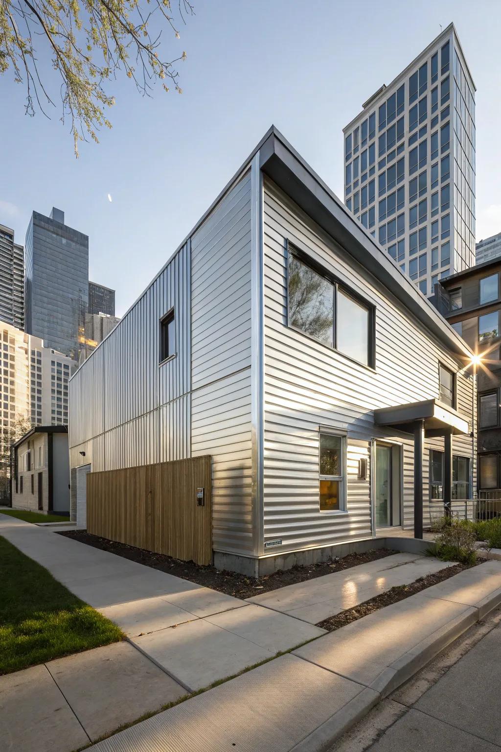 Metallic siding delivers a sleek and modern exterior.