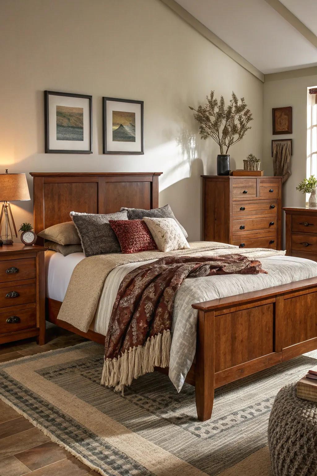 Textured textiles enhancing a maple hardwood bedroom setting.