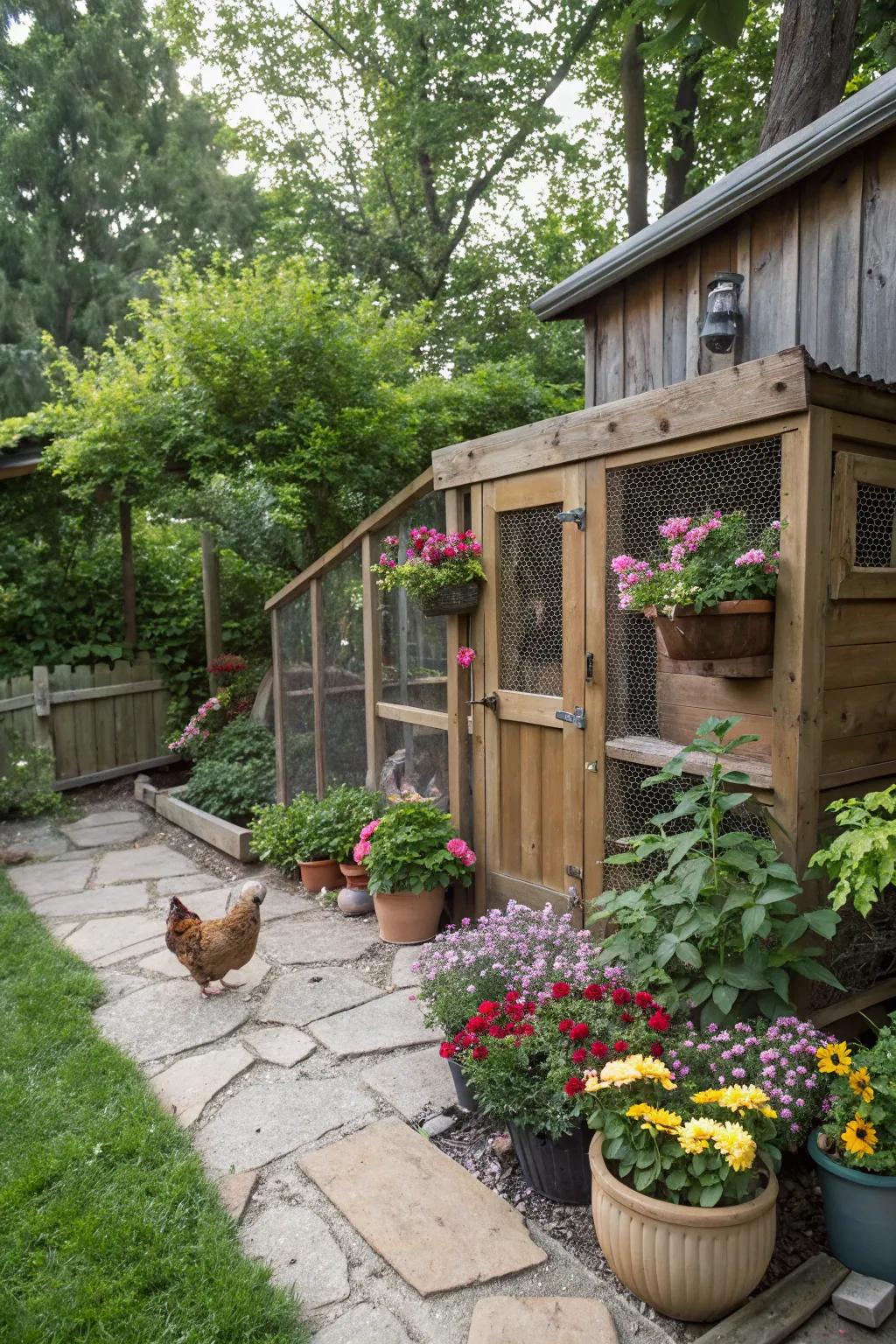 Cultivated flora engenders a revitalizing and authentic atmosphere around the hen house.