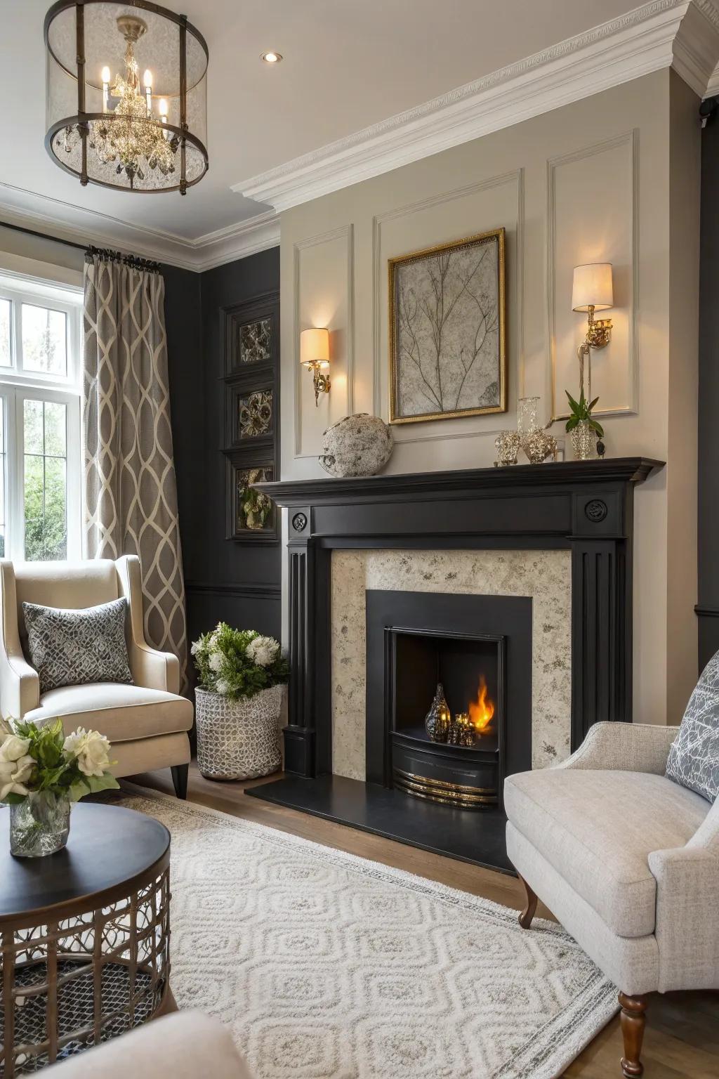 A contrasting mantel introduces depth and interest to this stylish chimney design.