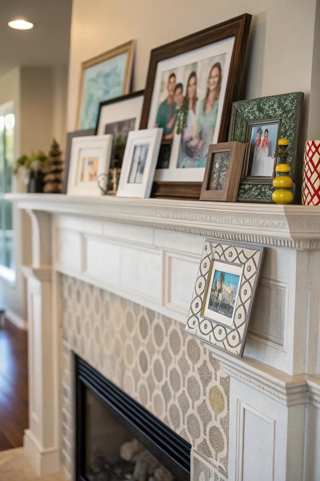 Artwork and portraits add individuality and warmth to the fireplace surroundings.