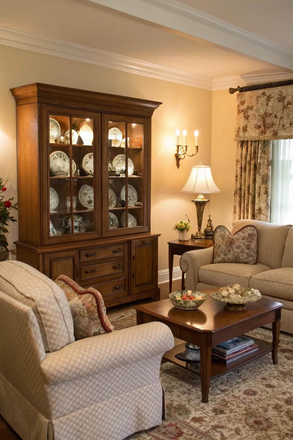 Cozy seating surrounding a display case for a welcoming sensation.