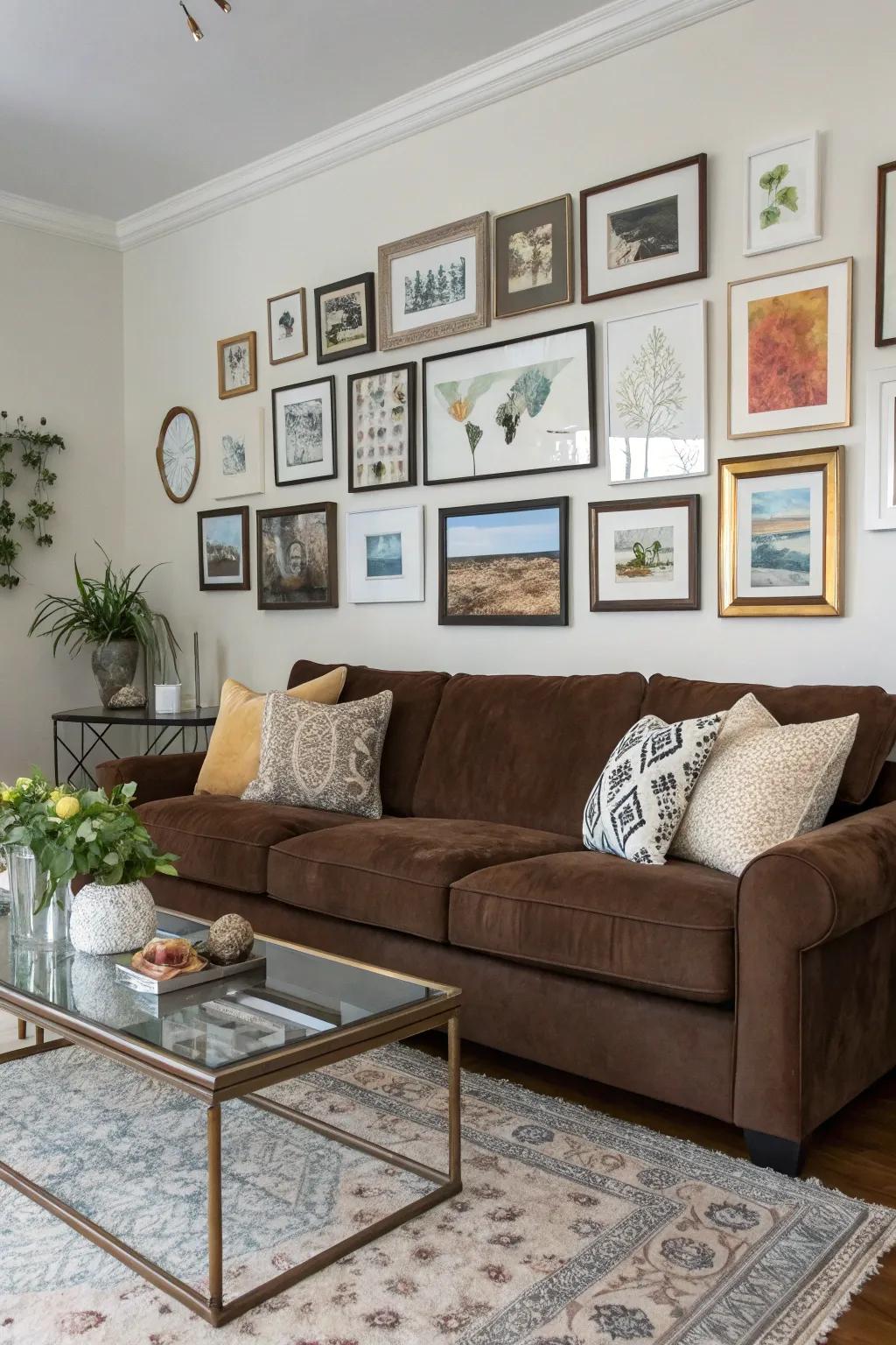 A personal showcase introduces individual style and complements the cocoa sofa.