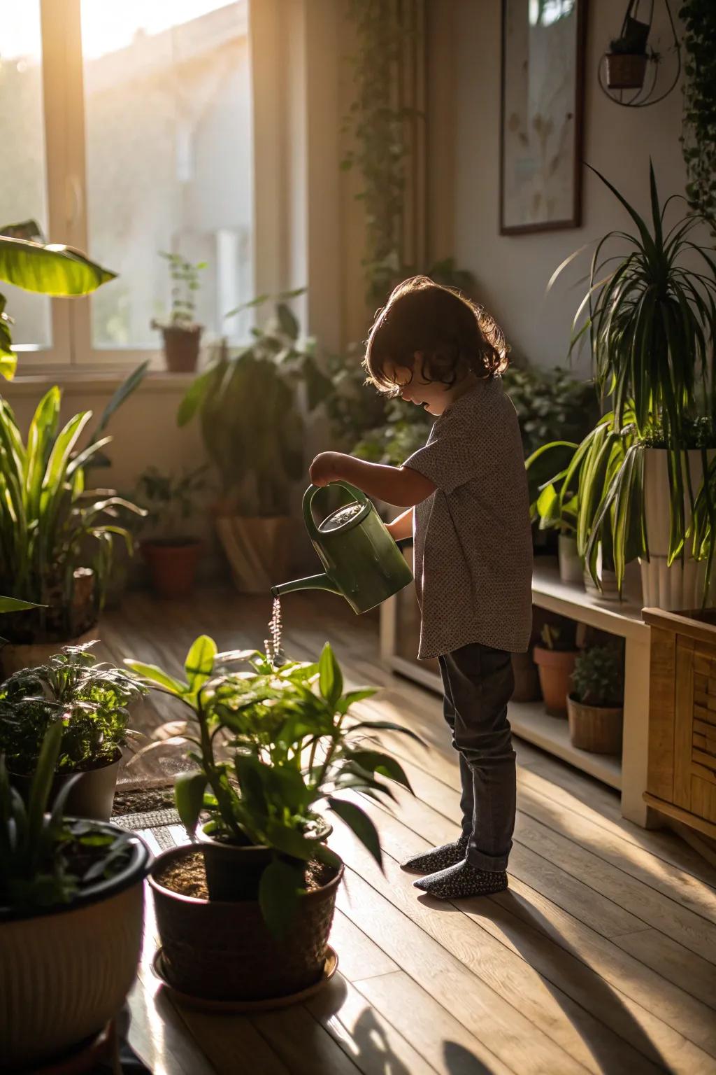 A young gardener waters vibrant houseplants.